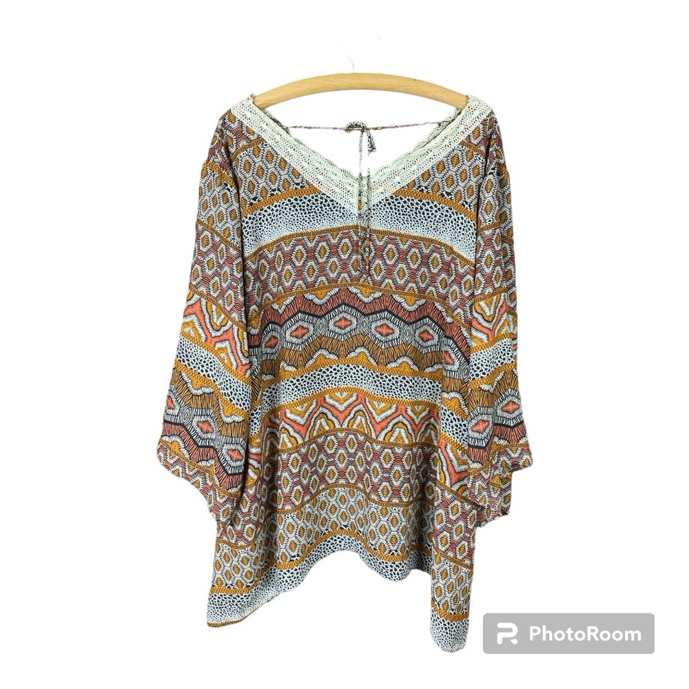 Cato Womans Tunic Top Plus Size 26/28W Brown Orange Lace Flowy Loose Boho Retro